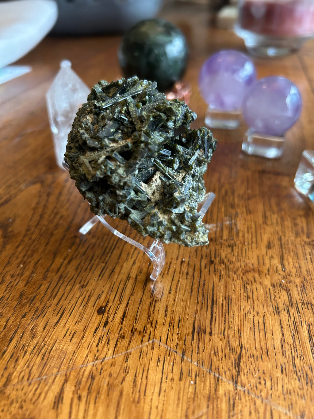 This is a cluster of dark green epidote crystals